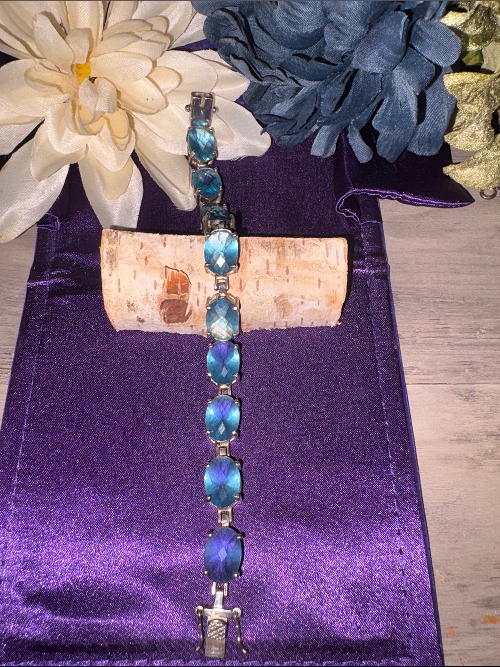 Vintage: Genuine Blue Topaz & Sterling Stamped Silver Link Bracelet EUC